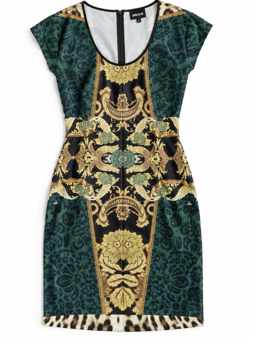 Just Cavalli Green, Black and Gold Baroque Cap-Sleeve Mini Dress
